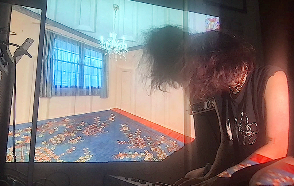 a picture of me playing a synthesizer in front of a projected image of the dining room of my grandparents house taken by a zillow photographer